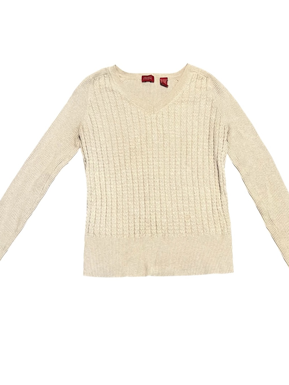 Vintage Valerie Stevens Cream Cable-Knit V-Neck Sweater Size S